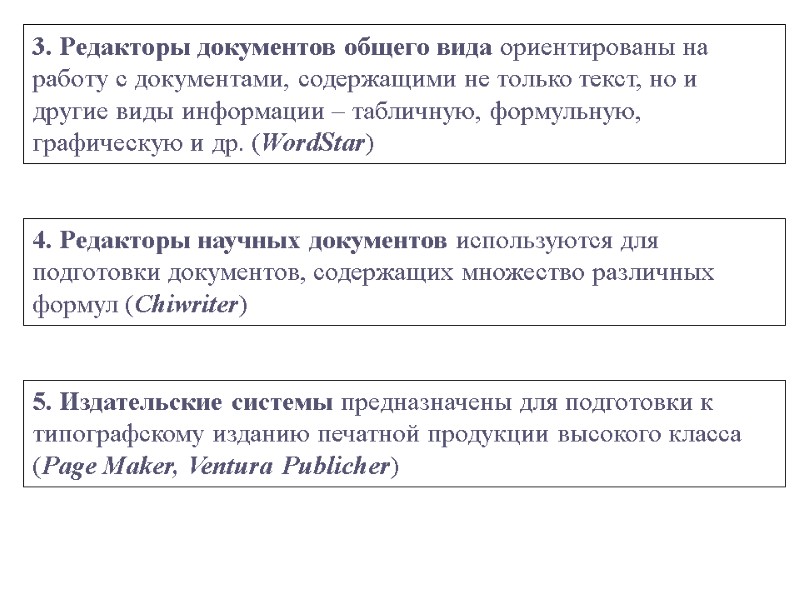 4. Редакторы научных документов используются для подготовки документов, содержащих множество различных формул (Chiwriter) 3.